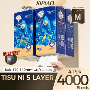 [4 pek] Sipiao Tisu Gantung, Free 2 Hooks, Kertas Tandas 5lys, Tisu Muka, 1000 Keping, 175mm * 140mm, Siri Peafowl Biru 2025 Ketibaan Baru, (1558-4) Supplies