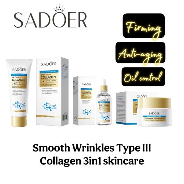 YGwithLOVE beautyShop SADOER Type 3 Collagen Oil Control Anti Aging Firming Skincare Set (3in1) (Cleanser, Serum, Face Cream) Wajah without Toner