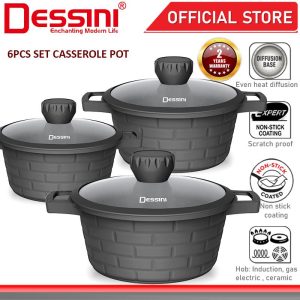 DESSINI ITALY SBB-6-S 6 PCS 20CM 24CM 28CM Casserole Aluminium Induction Non Stick Pot Bowl Deep Fry Pan Cookware PERIUK