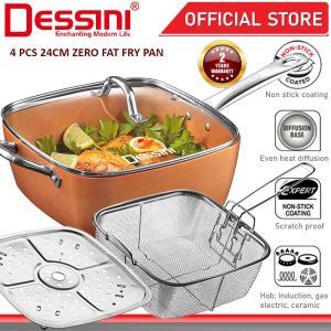 DESSINI ITALY Zero Fat 4 Pcs Aluminium Induction Non Stick Copper Casserole Pot Bowl Deep Frying Pan Basket + Steamer