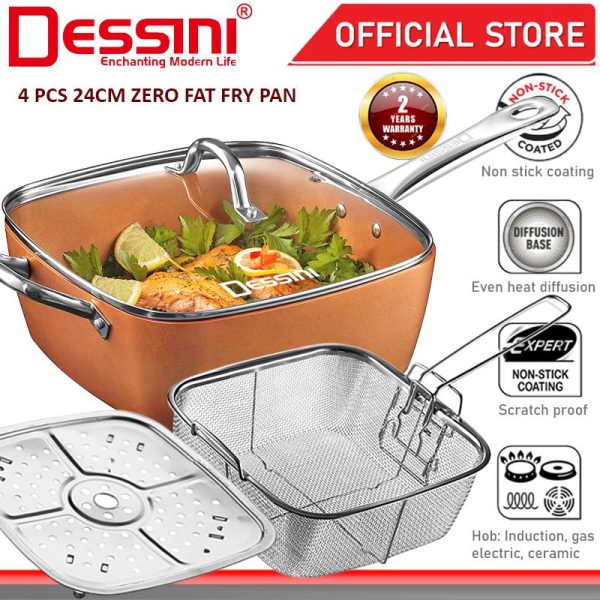 DESSINI ITALY Zero Fat 4 Pcs Aluminium Induction Non Stick Copper Casserole Pot Bowl Deep Frying Pan Basket + Steamer