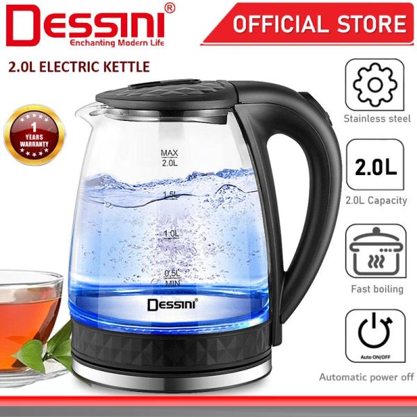 DESSINI ITALY 2.0L Glass LED Light Electric Kettle Automatic Cut Off Boiler Jug Teapot / Cerek