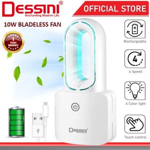 DESSINI ITALY Touch Control 4 Speed Bladeless Desk Stand Fan Rechargeable 6 Color LED Light Air Ventilator Cooler Kipas