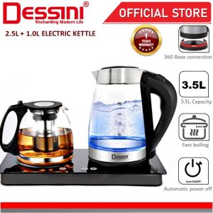 DESSINI ITALY Glass LED Electric Kettle Temperature Control Automatic Cut Off Boiler Jug Teapot Cerek (2.5L + 1.0L)