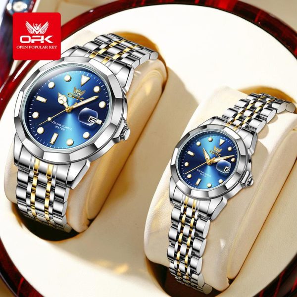 OPK Jam Tangan Pasangan 2024 Couple Set Fesyen untuk Lelaki dan Wanita Reka Bentuk Asal Bercahaya dalam Gelap Kalis Air dan Tahan Calar Pergerakan KuarzaJam Tangan Rekaan Baharu Watches for Women and Men GL8170 Bahan logam
