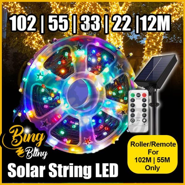 【Bing Bling】2025 Viral Lampu Raya Solar Kalis Air【102 | 55 | 33 | 22 | 12M】Lampu Lip Lap Panjang Solar Outdoor Waterproof Black Wire Lampu Kelip Kelip² Kelap Hiasan Warna Warni Deepavali Decoration Christmas Party Lighting Deco