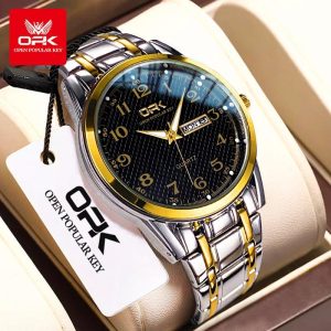 OPK Jam Tangan Lelaki Kalis Air Pergerakan Kuarza Asal Gaya Perniagaan Tulen Keluli Tahan Karat Anti Karat Dengan Kalendar Berkilau Warna Emas G8110 Rotundity Bahan logam dalam stok Warna berbilang Ada kotak Ada alat Pejabat parti kaca hardlex Watches
