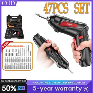 【Two year warranty】Cordless Electric Screwdriver Drill 47 pcs 4.8V Rechargeable Pemutar Tools Screw Driver Deformable drill bit Screwdriver Mesin Bor baterai portable multifungsi 3.5N/M max torque mesin Grip bateri cordless hand box set full listrik