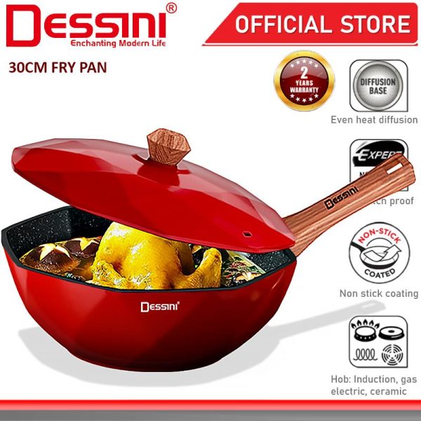 DESSINI ITALY 30CM Aluminuim Induction Casserole Non Stick Frying Pan Grill Wok Pot Bowl Cookware + Cover / Kuali Periuk