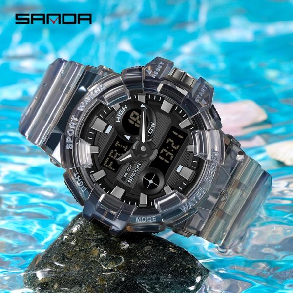 SANDA 3100 Jam Tangan Kalis Air, Uniseks, LED Digital Berkilau, Pelbagai fungsi, Paparan Dwi, Jam randik, Fesyen Kasual, Jam Tangan Sukan, AW24