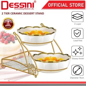DESSINI ITALY 2 Tier Ceramic Dessert Stand Tower Cake Display Rack Snack Platter Fruit Bowl Party Serving Tray Plate