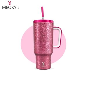 Tumbler Ciri, 40oz (1.1L), Meoky, Bertebat Keluli Tahan Karat, dengan Pemegang dan Straw, Sesuai untuk Minuman Panas dan Sejuk, Mug Kopi Perjalanan, Hadiah Mewah