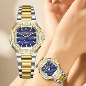 Jam Tangan Wanita Kalis Air, POSHI, Elegan Mewah, Reka Bentuk Berlian Persegi Kecil, Pergerakan Kuarza, Jam Tangan Wanita, Hadiah Terbaik, Jam Tangan Wanita, 100% tulen
