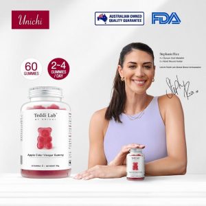 Unichi Apple Cider Vinegar Gummy | Gummy Cuka Epal | 750mg yis cuka epal | Folic Acid | Dirumus dengan Vitamin B12, B6, B9 | Bukan GMO | Bebas Gluten | Vegan | Gula 0 | Perisa Epal dan Lemon | 60 Kiraan