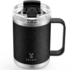 Mug Pejabat dengan Pemegang, MEOKY, 14oz, Mudah Alih dan Tahan Lama, Sesuai untuk Kopi dan Minuman Panas dan Sejuk, Universal, Reka Bentuk 2 dalam 1 dengan Straw dan Penutup Sip, Kalis Bocor 100%, Diskaun Jumaat Gila