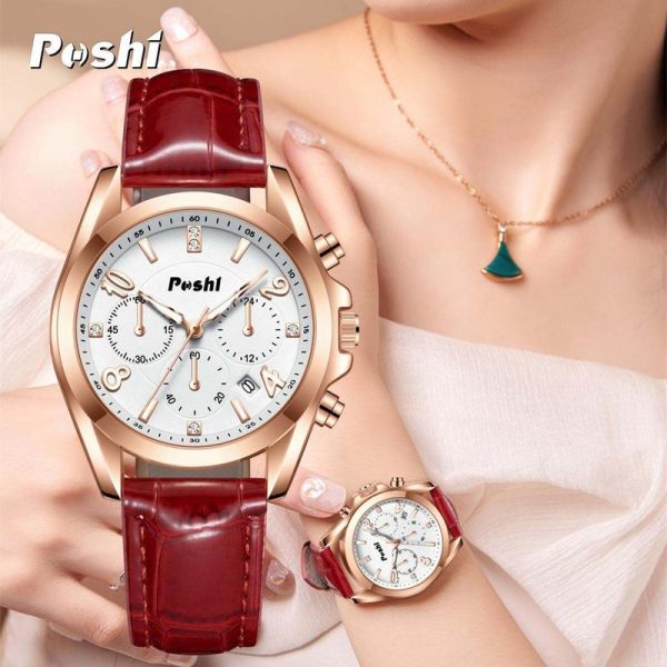 Jam Tangan Fesyen Wanita, Mewah POSHI, Gaya Korea, Tali Kulit, Pergerakan Kuarza, Jam Tangan Kasual Wanita, Reka Bentuk Asal, Kalis Air Watches