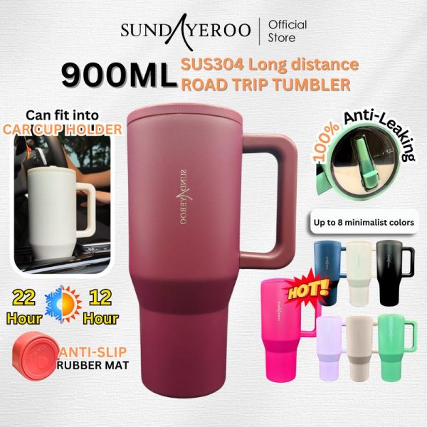SUNDAYEROO 900ML Thermos Bottle Stainless Steel Tumbler with Handle and Straw Double Layer Insulation Cup Kitchenware Heater