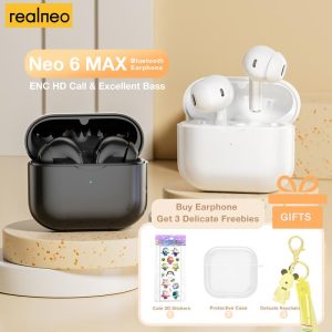 【Buy 1 Get 3 Freebies 】Realneo Neo 6 Max True Wireless V5.4 Superb Bass 360-degree stereo surround sound system Earphone HiFi Audio Earbuds Chargeable with MIC Noise-reductionsupport HD call（Free Gifts:Cute 3D Stickers;Protective Case;Delicate Keychain)
