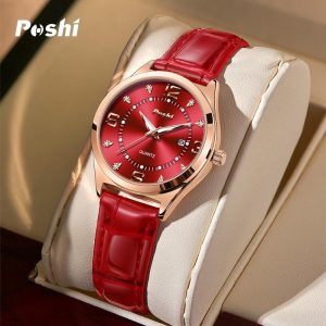 Jam Tangan Wanita, POSHI, Kalis Air, Fesyen, Tali Kulit, Pergerakan Kuarza, Gaya Kasual, Elegan, Sesuai untuk Wanita, Jam Tangan, dengan Kotak Percuma Watches