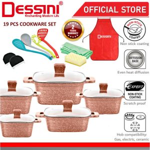 DESSINI ITALY Granite Aluminium Non Stick Casserole Pot Bowl Deep Fry Pan Cookware Tool (19 Pcs)