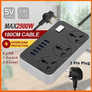 6 USB Port 3 Universal Power Strip Extension Plug Power Socket Electric Sockets Elektrik Soket Cords (USB C *)