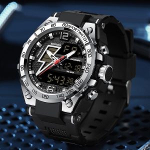 Jam Tangan Corak Kilat Kalendar Sukan, AW24 SANDA 6137, Untuk Lelaki, Kalis Air, Chronograph Sukan, Dail Bulat, Jam Tangan Digital