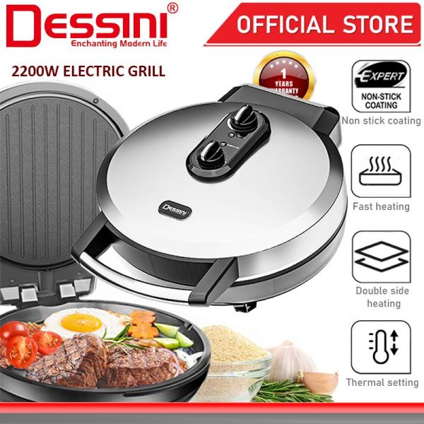 DESSINI ITALY 40CM Double Sided Non-Stick Electric Baking Pan Timer Pizza Crepe Pancake Maker BBQ Grill Pot Cooker