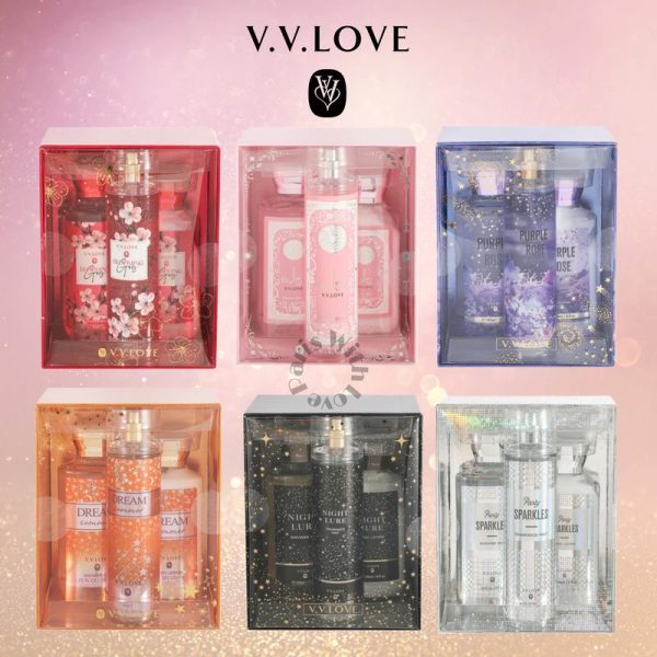 PWL_V.V.Love 3 pcs Beauty & Personal Care/Bath & Body Care Set(Shower Gel 295ml+Lotion 236ml+Body Mist 250ml)bath and body perfume set mandian body and bath hantaran