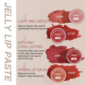 SADOER NOVO 3in1 Velvet Lip Mud Jelly Lip Paste Multipurpose Usage Blusher Eye Shadow Lips Lightweight Soft Mousse Texture Pigmented Matte Finishing Makeup 4 Shades (5g) Lipstick