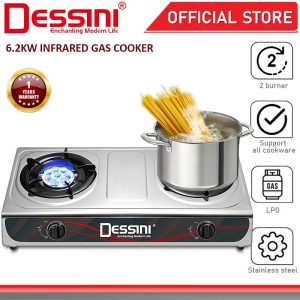 DESSINI ITALY Auto Ignition Infrared Gas Cooker Propane LPG Hob 2 Burner Cooktop Tabletop Stainless Steel Stove Dapur Gas