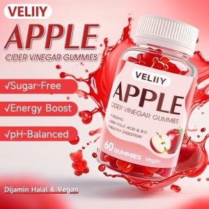 Makanan tambahan yang lazat untuk vegetarian! VELIIY Apple Cider Vinegar Gummies 1000mg setiap hidangan Vitamin B9 Vitamin B12 Makanan Tambahan 60 Gummies Perisa Epal Vegan