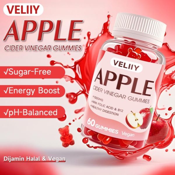 Makanan tambahan yang lazat untuk vegetarian! VELIIY Apple Cider Vinegar Gummies 1000mg setiap hidangan Vitamin B9 Vitamin B12 Makanan Tambahan 60 Gummies Perisa Epal Vegan