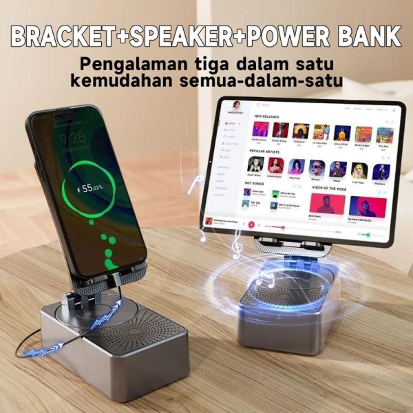 【COD&Local Delivery】Pemegang Telefon Bimbit, 3-dalam-1, Pembesar Suara Bluetooth, Pengecas Tanpa Wayar, Bank Kuasa, Pendirian Boleh Dilipat, Pendirian Tablet Berputar, Sesuai untuk Rakan Malas yang Menonton TV, Pendirian Pembelajaran Desktop