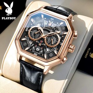 PLAYBOY Jam Analog Tangan Lelaki Viral Malaysia Waterproof Gaya Fesyen Baharu Kalis Air untuk Lelaki Watches for Men G3068 persegi Material logam+kulit dalam stok Warna berbilang Ada kotak Pejabat parti pemberian hadiah Garanti 3 tahun