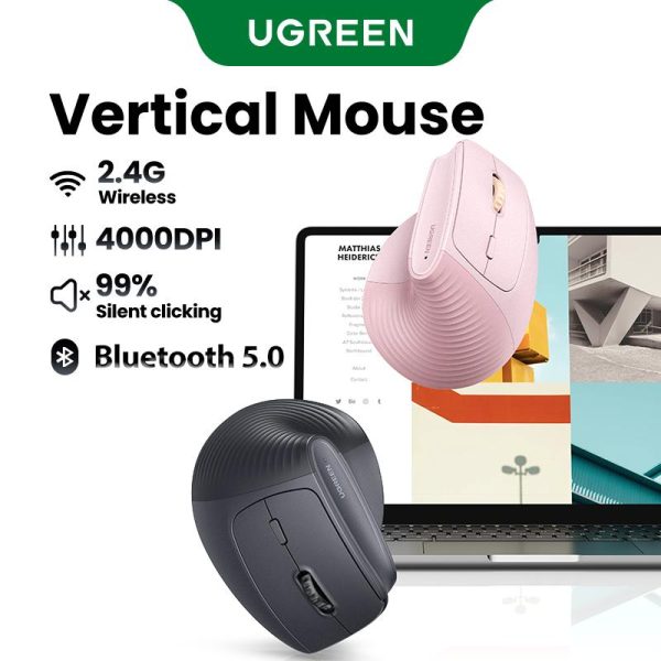 UGREEN Vertical Wireless Mouse 4000DPI Tetikus Klik Tanpa Wayar Ergonomik Menegak, Senyap, untuk Komputer Riba, PC, Windows, Mac OS