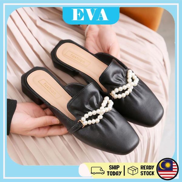 READY STOCK EVA Women's Sandal Pearl Chain Design Flats Shoes Kasut Wanita Perempuan Muslimah