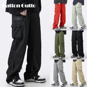 Overall Retro, Uniseks, Seluar Kargo, Jenama Trendi Jepun, Longgar, Rekaan Cantik, Berbilang Poket, Gaya Hiphop dan Jalan Tinggi, Seluar Kaki Lebar Kasual, Tersedia dalam Saiz M-3XL, Sesuai untuk 50-110kg, [COD]