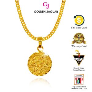 Emas Jaguar (7.72 g) GJ Rantai Necklace Papan + Duit Bunga Raya Loket Pendant 24K Gold Plated (416500201+DSBR78618)