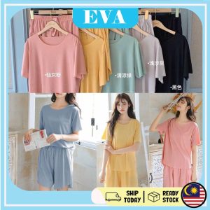 READY STOCK EVA Ladies Comfortable Thin Ice Silk Women Nightwear Sleepwear Baju Tidur Perempuan Pajamas Pants Short Sleeve Sleeve Satin
