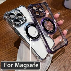 Luxury Plating Transparent Magnetic Case For iPhone 15 14 13 12 11 Pro Max Plus Bumper Shockproof Cov Protectors Waterproof