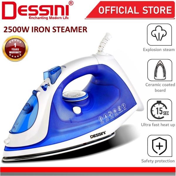 DESSINI ITALY Electric Ceramic Soleplate Garment Steam Iron Sprayer Steamer Clothes Brush Seterika Baju (2500W)
