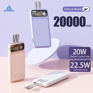 Yisen Super Fast Charge Mechanical Power Bank 22.5W PD20W With 2 Cables Led Digital Display Powerbank For iPhone Xiaomi Samsung Pink Portable