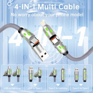 240w 4 in 1 Liquid Silicone Ambient Light Fast Charging Date Cable USB-C Multiple Connection Charging Cables For iPhone USB Type-C Huawei Phone Accessories