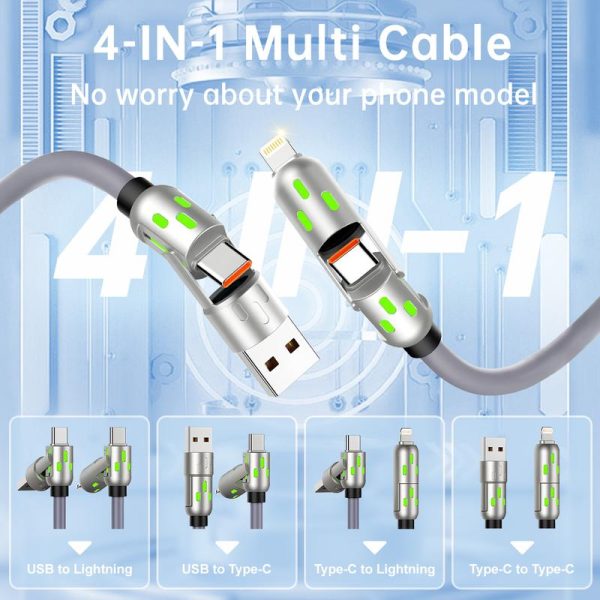 240w 4 in 1 Liquid Silicone Ambient Light Fast Charging Date Cable USB-C Multiple Connection Charging Cables For iPhone USB Type-C Huawei Phone Accessories