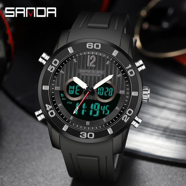 Jam Tangan Kalendar Pelbagai Fungsi, AW24 SANDA 3106, Kalis Air, Paparan Dwi LED, Jam Tangan Mewah, Sesuai untuk Riadah dan Sukan, Jam Tangan