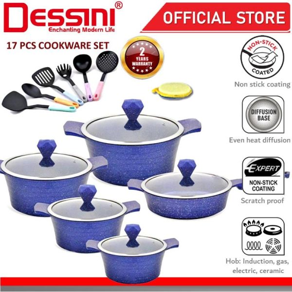 DESSINI ITALY Granite Aluminium Non Stick Induction Casserole Pot Bowl Deep Fry Pan Cookware Tool (17 Pcs)