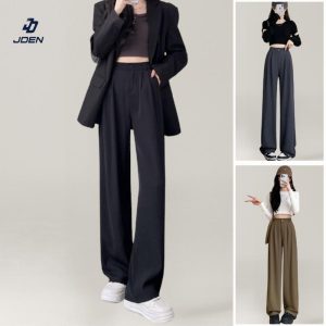 JDEN Women Suit Pants High Waist Straight Cut - Seluar Slack Perempuan Pinggang Getah Straight Cut Casual Khaki Hitam Kelabu Belt Grey Pinggang Bergetah Trousers