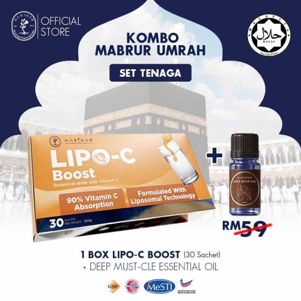 NARINAR LipoC Boost Vitamin Botanical Drink Kombo Mabrur Umrah (30 satchet & Deep Mustle EO)