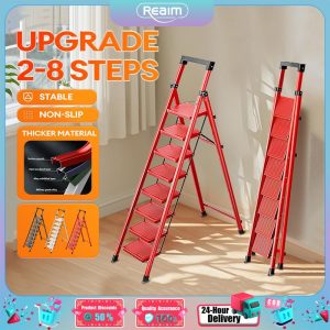 【Exclusive for creators】New 8 Step Foldable Ladder Folding Ladder 2/3/4/5/6/7/8 Tier Load 300KG Heavy Duty Foldable Household Ladder Aluminium Folding Stairs Ladder Multifunctional Heavy Duty Ladder Tangga Lipat Ready stock White Steel berjalan tangga