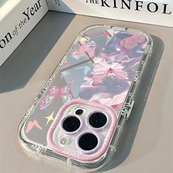 Sarung Telefon Rama-rama Merah Jambu, Gaya Ins, Serasi dengan iPhone 11, 15, 14, 13, 12, Pro, Xs Max, XR, X, 7, 8 Plus, SE 2020, Sarung Sarung Cermin Solek Lembut Jelas Korea, Penutup Belakang Pelindung Kalis Kejutan Silikon